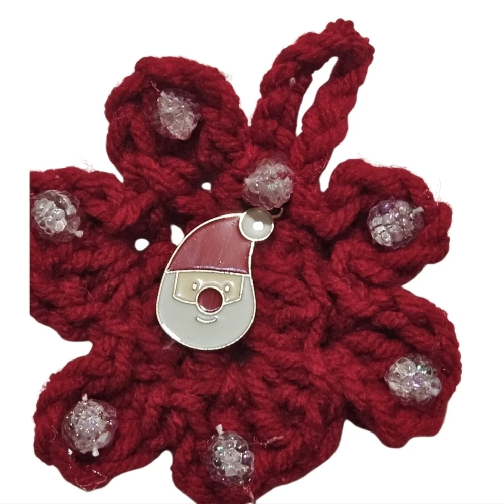 Hand Crafted Upcycled Chritsmas Ornaments Hand Crochet red beaded floral pattern